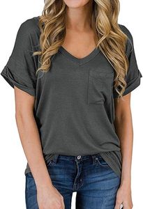 Elegante Camiseta de Verano para Mujer, Estilo Casual, Cuello en V, Corte Ajustado, Manga Corta, Transpirable, con Bolsillo, Estilo Urbano - Product Image 2