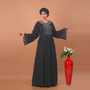 Robe longue islamique pour femme, style kaftan modeste en rayonne, avec panneau en filet Russel et motif de col orné de diamants, manches longues, style Moyen-Orient - Product Image 3