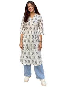 Kurti Largo de Viscosa y Rayón para Mujer, Corte en A, Cuello en V, Manga Recta, Kurta Elegante Blanca, Túnica Étnica para Damas - Product Image 3