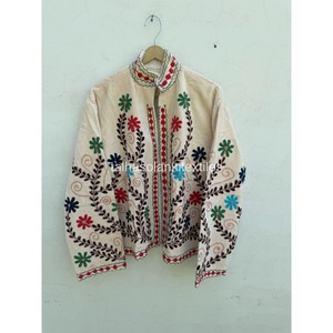 Wholsale White Suzani Jacket Handmade Floral Embroidered Velvet Blouson Design <b>Women</b> Mandarin Collar Full Sleeve <b>Coat</b> - Product Image 1