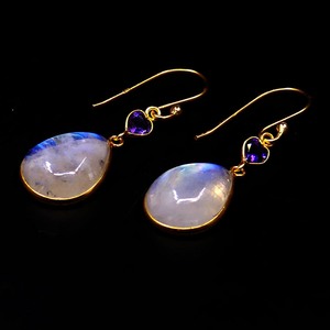 Boucles d'oreilles pendantes en argent 925 plaqué or avec améthyste et pierre de lune serties en forme de goutte d'eau, style romantique pour femme - Product Image 3