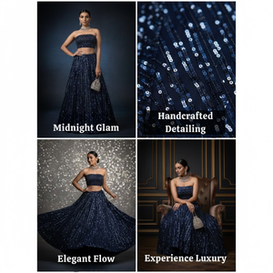 Lehenga Choli de créateur grande taille |   Broderie de dentelle perlée à la main avec cristaux |   Jupe à paillettes scintillantes, coupe trapèze, longueur au sol |   Vêtements de mariage - Product Image 2