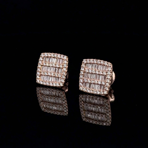 0.90 CTW Lab Grown <b>Diamond</b> <b>Square</b> Stud <b>Earrings</b> 10K Rose Gold Baguette & Round Geometric Minimalist Jewelry Anniversary Gift - Product Image 1