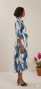 Vestido midi azul y blanco pintado a mano con cinturón, manga tres cuartos, vestido informal de verano de viscosa tejida para mujer - Product Image 1