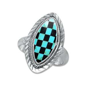 Handmade Checkerboard Turquoise Sterling <b>Silver</b> Bezel Setting Checkered <b>Adjustable</b> Statement <b>Ring</b> for Women Wedding Party - Product Image 3