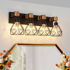 Luminaire de salle de bain moderne à 4 lumières de style géométrique avec accents en métal noir et en bois, lampe de miroir de salle de bain de 24 pouces - Product Image 2