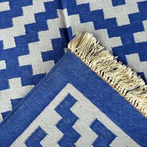 Blue And Lite Grey Modern Cotton Carpet Dhurrie Rug <b>For</b> <b>Kitchen</b> And Bedroom Floor <b>Runner</b> 007 - Product Image 4