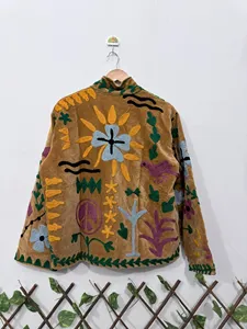 Bohemian Brown <b>Velvet</b> Embroidered Suzani <b>Jacket</b> with Floral Pattern Full Sleeve Stand Collar Handmade <b>Women's</b> Winter Coat - Product Image 4