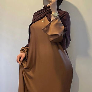 Abaya en satin à coupe droite, manches fermées, style maxi, avec ceinture, coupe fluide, unie, modeste, style Dubaï, vêtement islamique de Turquie, avec poches - Product Image 1