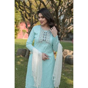 PANTALON EN COTON DE LIN AVEC DUPATTA SKY - Product Image 2