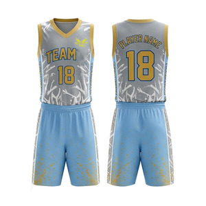 Uniforme de Baloncesto Sublimado Personalizado, Sin Mangas, Cuello en V, Malla Transpirable, Uniforme de Equipo 18 Azul Dorado, Uniforme de Baloncesto Unisex para Adultos - Product Image 1
