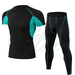 Men <b>Compression</b> Set Black With Purple Contrast Stitch Crew Neck <b>Short</b> Sleeve Full Length Sweat Wicking Yoga Wear 2 Piece - Product Image 6