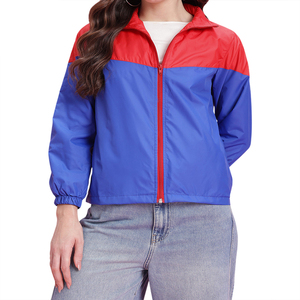 Women Color Blocked <b>Racer</b> <b>Jacket</b> Full Sleeve Stand Collar Windproof Polyester Spring Coat Regular Length Blue Red Contrast - Product Image 4