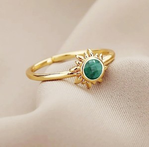 6 MM Dyed Emerald Gemstone Sunburst <b>Rings</b> - Gold Plated <b>Adjustable</b> <b>Ring</b> for Women Jewelry - Product Image 5