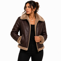 Blouson aviateur en cuir véritable pour femme avec garniture en fourrure, fermeture éclair, manteau chaud d'hiver