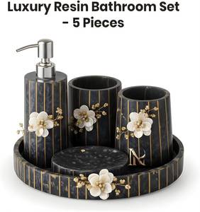 Ensemble de salle de bain élégant en résine, 5 pièces, distributeur de savon rond, porte-brosse à dents, plateau avec motif floral, facile à nettoyer - Product Image 2