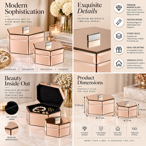 Rose Gold <b>Mirrored</b> Glass <b>Jewelry</b> <b>Storage</b> Box Set with Faceted Design Soft Lining Decorative Keepsake Organizer - Product Image 5