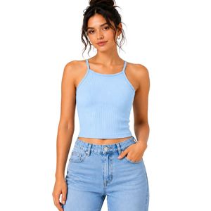 Camiseta Corta de Punto Acanalado Azul Cielo Personalizada para Mujer, sin Mangas, con Tirantes Finos, Ajustada, Informal, de Verano, OEM - Product Image 1