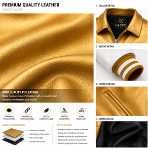 Custom Gold White Leather Varsity <b>Jacket</b> <b>Men</b> Luxury Letterman Bomber Chenille Embroidered Patches Front High Quality OEM Service - Product Image 5