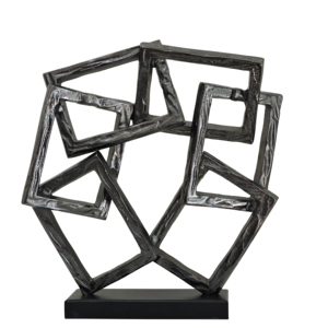 Escultura de Aluminio Geométrica Abstracta con Cuadrados Entrelazados, Arte Metálico Texturizado en Plata y Carbón, Decoración con Pedestal para Hogar u Oficina - Product Image 1