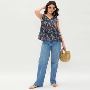 Blusa de Algodón con Estampado Azul y Cuello en V para Mujer, Ideal para Citas Nocturnas y Cenas, a Precio Accesible - Product Image 1