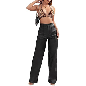 Women Genuine Leather Pants High Waist Regular Fit Stretch Faux Leather Straight Trousers Casual Streetwear Windproof - Product Image 3