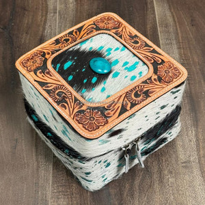 Handcrafted Cowhide Leather Square Zipper Jewelry Case with Hand Tooled Lid Turquoise Stone & Compartments for Rings & Earrings - Product Image 5