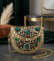 Sac à main ouvert en métal orné de pierres Kundan, de luxe, ethnique, fait main, pour mariages indiens, soirées et occasions spéciales, pochette d'épaule