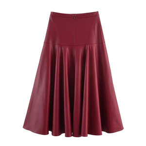Women <b>Winter</b> Casual High Waist A-Line PU Leather <b>Midi</b> <b>Skirt</b> Solid Color Shiny Pleated Zipper Back Design - Product Image 1