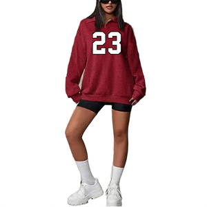 Nouveau Pull en molleton pour femme, coupe oversize, col montant, manches longues, avec fermeture quart de zip, couleur unie ou imprimé, couleur corail, broderie frontale, pour l'hiver - Product Image 2
