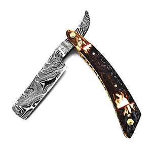 MORTAL SAGA Rasoir de Barbier Premium en Acier Damas Léger, Fait Main, Lame Ultra-Tranchante, Manche Personnalisé en Corne de Cerf et Cuir, Sûr - Product Image 1