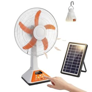 Solar Powered Desk Fan With Touch <b>Control</b> 34 In Orange Blades White Base Free <b>Standing</b> Design - Product Image 1