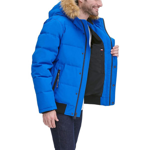 Veste d'hiver pour homme en duvet bleu avec capuche en fourrure, coupe-vent, col montant, coupe classique - Product Image 4