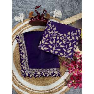 Designer <b>Purple</b> Evening <b>Saree</b> with Sequins Embroidery Work Lace Border 100% Polyester Embroidered Organza Fabric - Product Image 1