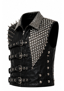 Chaleco de Cuero para Hombre, Chaleco de Motociclista con Tachuelas, Chaleco Estilo Gótico Punk, Chaleco de Cuero Negro con Hebilla Frontal - Product Image 2