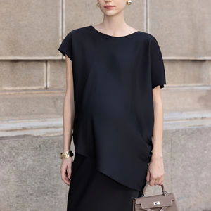 Conjunto de Dos Piezas para Mujer, Verano, Mezcla de Seda, Color Sólido, Asimétrico, Elegante, Corte Diagonal, Cuello Redondo, Manga Corta, Falda Informal y Camisa - Product Image 1