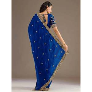 Dazzling Blue Embroidered Silk Festive Saree <b>Set</b> with Blouse - Product Image 5