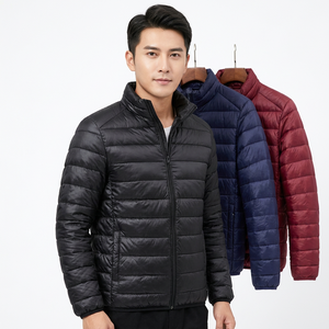 Men's Slim Fit Puffer <b>Jacket</b> Stand Collar Zipper Closure Windproof Solid Color Winter Casual Outerwear Regular Length Polyester - Product Image 5