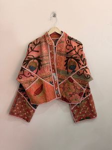 Hand Embroidered Floral Quilted Cotton <b>Jacket</b> <b>Mandarin</b> <b>Collar</b> Three Quarter Sleeves Short Length Boho Style Winter Spring Summer - Product Image 6