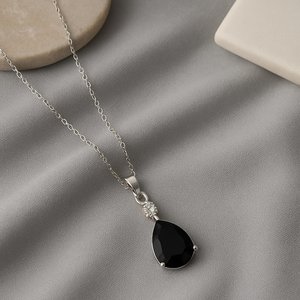 Sterling Silver Black Onyx Teardrop Pendant Bezel Setting Moissanite Accent Vintage Elegant Luxury Jewelry <b>Gift</b> Women Children's - Product Image 1