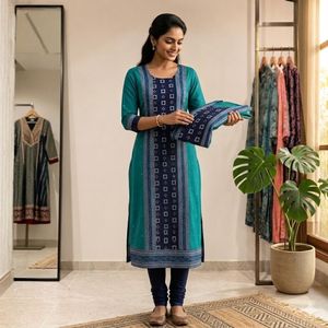 Ikkat <b>Arts</b> Aqua Teal <b>Sequin</b> Silk Kurta – Teal & Indigo Festive Ethnic Wear Kurta - Product Image 2