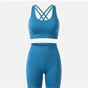 <b>Women</b> <b>Navy</b> Blue Seamless Yoga Set 2 Piece Crisscross Strap Sports Bra High Waist <b>Leggings</b> - Product Image 1