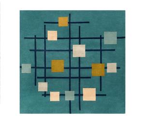 Tapis géométrique en laine bleu sarcelle avec des carrés abstraits, tissé à la main, tapis moderne d'intérieur pour le salon, la chambre à coucher, décoration - Product Image 1