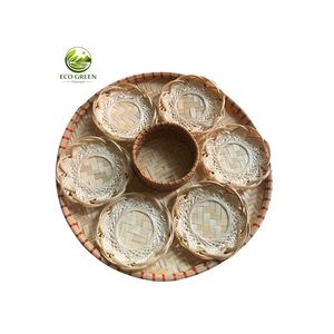 Vietnamese Eco Bamboo Tray Round Lotus Pattern Handmade Serving <b>Basket</b> for Dining <b>Table</b> and Kitchen Organizer - Product Image 1