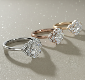 Stonewels Lab Grown Diamond Halo Bridal <b>Ring</b> Baguette Side Stones Rose <b>Gold</b> Plated Prong <b>Set</b> Vintage Style Certified 14K <b>Gold</b> - Product Image 4