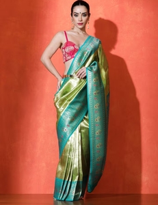 KV <b>Green</b> <b>Silk</b> Woven Saree With Unstitched Blouse - Product Image 1