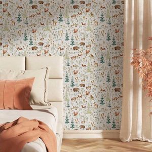 Papier peint autocollant décoratif pour murs, motif d'animaux mignons (hiboux, cerfs, lapins) sur des arbres dans une forêt féerique blanche - Product Image 6
