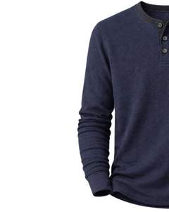 <b>Mens</b> Waffle <b>Henley</b> <b>Long</b> <b>Sleeve</b> Thermal T Shirt Navy Blue Casual Button Neck Winter Wear Top Cotton Slim Fit Breathable Fabric - Product Image 3