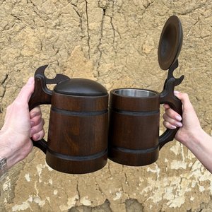 Mug à boire en bois de qualité supérieure avec couvercle en bois et poignée décapsuleur, finition lisse, tasse en bois faite à la main pour bière, eau, café et - Product Image 5
