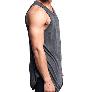 Men's Gray Solid Color O-Neck Tank Top Casual Knitted Cotton Sleeveless Vest Athletic Fit Longline Hem - Product Image 2